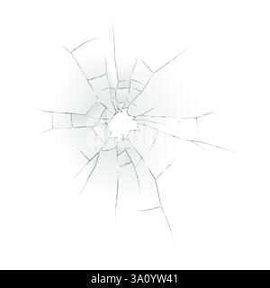 Illustrazione dettagliata del vetro frantumato con crepe irradiate su uno sfondo bianco, che cattura un effetto di impatto realistico. Perfetto per progetti di progettazione r Illustrazione Vettoriale