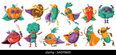 Una squadra di verdure supereroiche, tra cui zucca, patate, cetrioli e carote, pose d'azione sorprendenti in maschere e mantelle colorate. Un io divertente ed energico Illustrazione Vettoriale