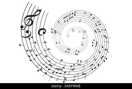 L'illustrazione presenta una spirale di note musicali disposte in uno schema creativo che simboleggia il movimento ritmico nella musica un design dinamico e vorticoso. Illustrazione Vettoriale