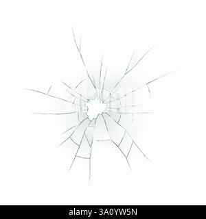 Immagine di una spaccatura rotonda formata su una superficie in vetro trasparente. Le linee frastagliate che si irradiano dal centro creano un effetto visivo sorprendente sul backgroun bianco Illustrazione Vettoriale