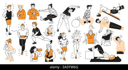 Gli atleti impegnati in diverse attività fisiche colorano la collezione di icone lineari. Promuovere uno stile di vita sano e attivo i personaggi doodle sul bianco Illustrazione Vettoriale