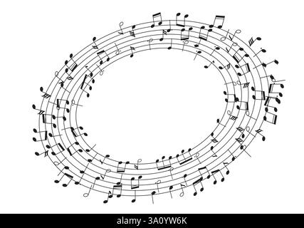 Illustrazione di note musicali disposte in un modello circolare che forma una spirale su uno sfondo bianco. Questo design astratto enfatizza il ritmo e. Illustrazione Vettoriale
