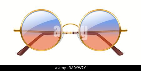 Illustrazione di eleganti occhiali da sole rotondi con una classica montatura dorata e lenti sfumate vivaci. Perfetta rappresentazione dell'accessorio retrò Illustrazione Vettoriale