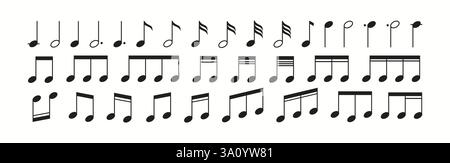 Illustrazione che raffigura diverse note musicali come quarto, ottava e sedicesima note disposte in righe, mostrando diversi modelli ritmici e. Illustrazione Vettoriale