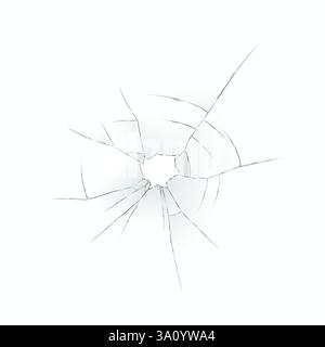 Illustrazione dettagliata di una superficie di vetro incrinata che mostra linee di frattura radiali emanate da un punto centrale. I riflessi di luce aggiungono profondità al brok Illustrazione Vettoriale