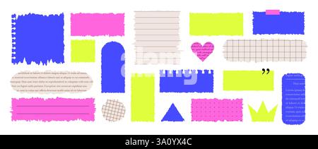 Forme rettangolari frastagliate. Set di carta strappata moduli diversi isolati su sfondo bianco. Casella di testo con bordi delle onde. Ritagli di giornale, a scacchi Illustrazione Vettoriale