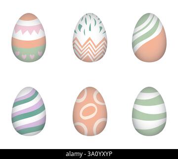 Set di uovo di Pasqua con motivi decorativi pastello, isolato su sfondo bianco Illustrazione Vettoriale