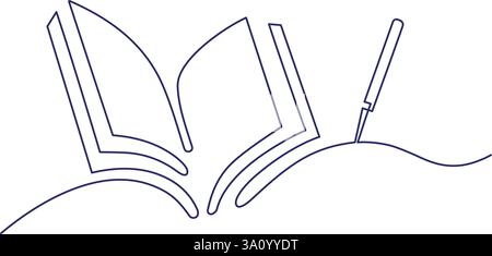 Aprire libro e penna. Segnale di linea continuo. Illustrazione vettoriale, materiale didattico per tornare al tema della scuola. Traccia modificabile. Simbolo d'arte per la festa mondiale del libro Illustrazione Vettoriale