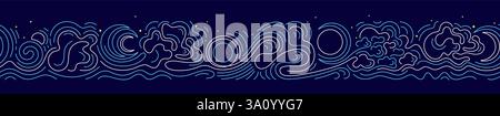 Sole, luna, nuvole, mare, confine marino senza interruzioni. Una linea sottile continua. Ripetizione grafica dello schizzo. Tempesta vettoriale sullo sfondo notturno. Design grafico. Fantasia f Illustrazione Vettoriale