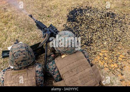 Camp Hansen, Okinawa, Giappone. 26 febbraio 2025. U.S. Marines con 5th Air Naval Gunfire Liaison Company, III Marine Expeditionary Force Information Group, sparano una mitragliatrice M240B durante un raggio medio di fuoco vivo su Camp Hansen. La gamma di mitragliatrici M240B ha permesso ai Marines di mantenere la loro competenza nell'uso di armi servite dall'equipaggio (Credit Image: © Michael Taggart/U.S. Marines/ZUMA Press Wire) SOLO PER USO EDITORIALE! Non per USO commerciale! Foto Stock