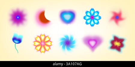 Colorate forme y2k con effetto sfocatura sullo sfondo chiaro: Fiori e stelle, cuori e disegni lunari. Un'estetica soffusa con colori sfumati simili al neon per un'arte digitale nostalgica ispirata agli anni '2000. Illustrazione Vettoriale