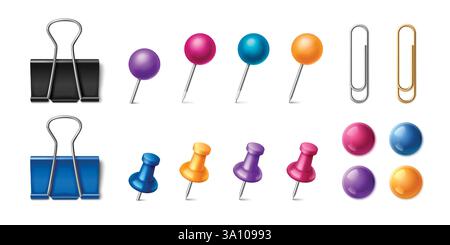 Piedini e graffette su sfondo bianco. Illustrazione vettoriale realistica di cancelleria per ufficio per le note di memoria allegate a bordo, raccoglitori a colori, pulsanti, miniature per documenti aziendali Illustrazione Vettoriale