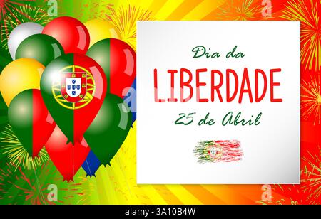 25 aprile giorno della liberazione del Portogallo modello da cartolina. Invito all'evento per le festività del Revolution of Carnation Day. Elementi grafici in stile 3D. Colore della bandiera Illustrazione Vettoriale
