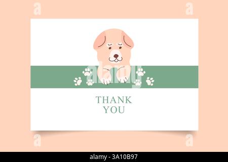 Un simpatico cane è seduto con le zampe sdraiate, l'iscrizione grazie. Design minimalista di carte sconto, biglietti da visita per beneficenza e buoni promozionali. Buoni sconto per prodotti per cani. Illustrazione Vettoriale