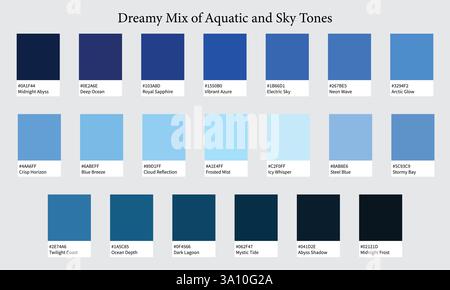 Tavolozza dei colori 20 sfumature di blu: Toni acquatici e cielo con codici e nomi ESADECIMALI, campioni colore e combinazioni Illustrazione Vettoriale