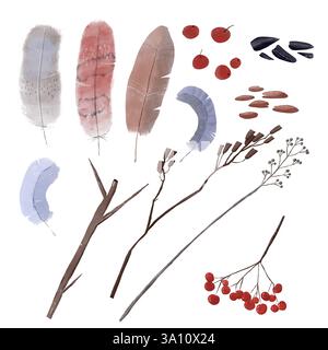 Set di acquerelli invernali a tema uccelli con piume, semi, bacche, ramoscelli ed erba. Illustrazione digitale disegnata a mano in uno stile carino e adatto ai bambini. PE Foto Stock