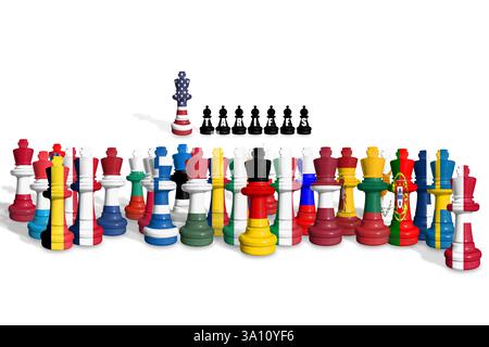 Scacchi fatti da bandiere di Stati Uniti e membri dell'UE su sfondo bianco con TARIFFE per parola Foto Stock