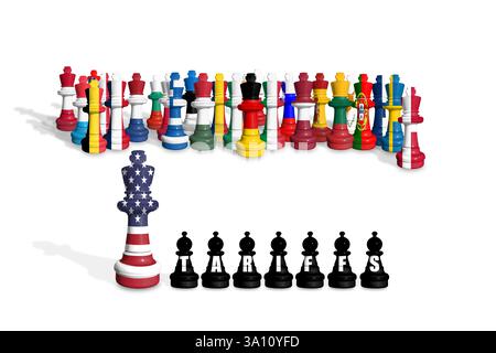 Scacchi fatti da bandiere di Stati Uniti e membri dell'UE su sfondo bianco con TARIFFE per parola Foto Stock
