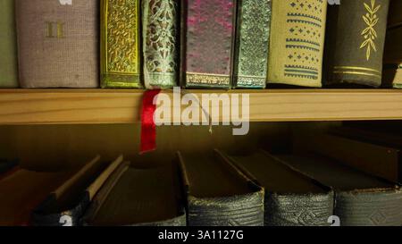Vista di due righe di vecchi libri nella collezione di libri. Libri d'epoca in una libreria antica. Il concetto di educazione, saggezza e amore per la conoscenza Foto Stock