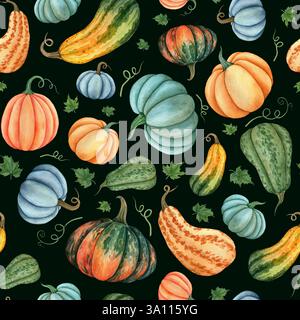 Acquerello motivo senza cuciture di zucche colori arancio, blu e verde con foglie. Illustrazione disegnata a mano vegetale per tessuto, tessuto, carta da parati Foto Stock