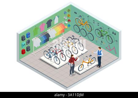 Illustrazione isometrica vettoriale dell'interno di un negozio di biciclette con una varietà di biciclette, accessori, abbigliamento e caschi per gli appassionati di ciclismo. Illustrazione Vettoriale
