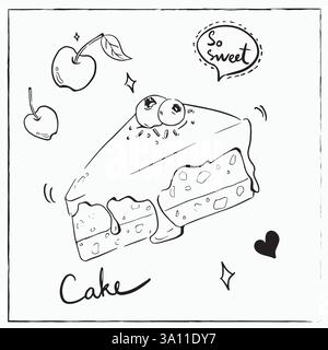Disegnare la linea del cibo della torta ai mirtilli, disegnare a mano l'elemento dell'illustratore vettoriale Illustrazione Vettoriale
