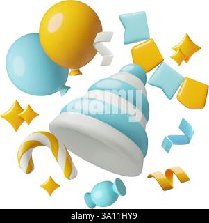 Banner cappello di compleanno 3D con palloncini blu e gialli per feste per bambini, bandiere, caramelle e coriandoli Illustrazione Vettoriale