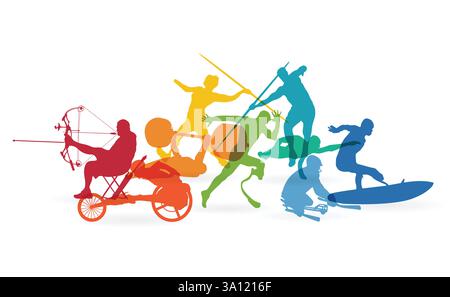 V2 di Sporters con disabilità che rappresentano diversi Sports United. Sagome colorate di vari atleti con disabilità. Illustrazione Vettoriale
