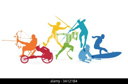 Giornalisti con disabilità che rappresentano diversi Sports United. Sagome colorate di vari atleti con disabilità, atletica leggera, Ja Illustrazione Vettoriale