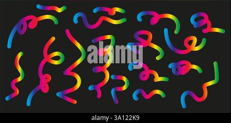 Linee ondulate astratte colorate scarabocchiano con sfumature arcobaleno su sfondo nero. Moderno motivo d'arte digitale per design e decorazione Illustrazione Vettoriale