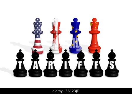 Scacchi prodotti da bandiere di Stati Uniti, UE, Cina e Canada su sfondo bianco con TARIFFE a termine Foto Stock