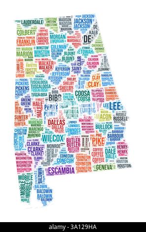 Cloud di parole della contea dell'Alabama. Design della forma dello stato. Illustrazione a colori Alabama. I nomi delle contee collage cloud. Illustrazione vettoriale. Illustrazione Vettoriale