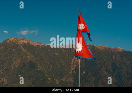 Bandiera del Nepal contro colline verdi e cielo blu con spazio copia Foto Stock