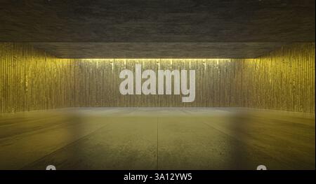 Camera vuota con pareti in piastrelle dorate e pavimento e soffitto in cemento 3d. Foto Stock