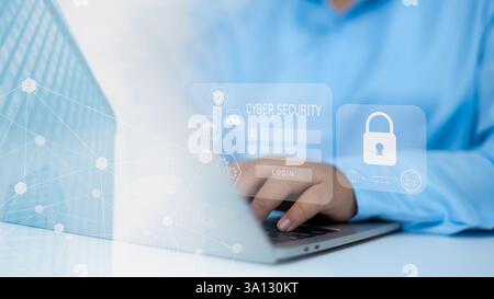 Sicurezza informatica e protezione dei dati su Internet, sistema e storage protetti da password, laptop a uso umano per scudo virtuale, accesso sicuro, Cybersecurit Foto Stock