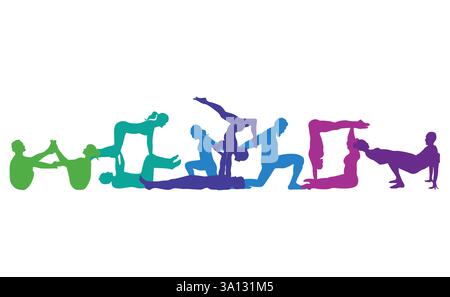 Coppie colorate che praticano Yoga V2 . Partner yoga, aerobica, ginnastica, fitness, benessere, guarigione spirituale, sagome vettoriali di meditazione Illustrazione Vettoriale