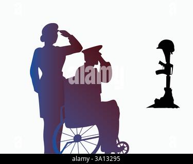 Veterano senior in sedia a rotelle e veterana donna che saluta Battle Cross backround. Design di silhouette in onore dei veterani. Illustrazione Vettoriale