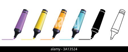 pennarelli evidenziatori per contrassegnare le note in viola, giallo, arancione e blu con un glifo nero e un'icona a forma di linea. Illustrazione Vettoriale