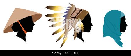 set vettoriale di donne con teste headdress silhouette tradizionali isolate su sfondo bianco. Illustrazione grafica Illustrazione Vettoriale