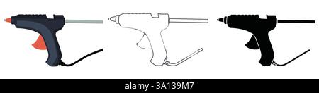 collezione di cartoni animati vettoriali di pistola per colla a caldo a colori, silhouette nera e line art isolate su sfondo bianco. Illustrazione, clip art Illustrazione Vettoriale
