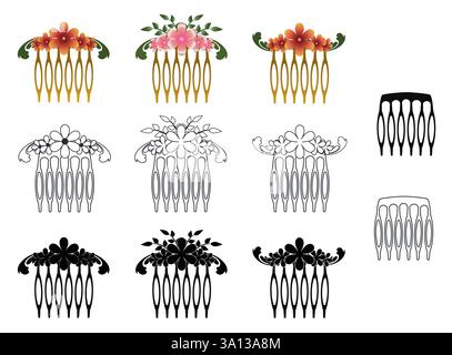 Set di icone a forma di pettine per capelli floreali con colori, silhouette e stile di disegno. Illustrazione vettoriale accessori grafici per capelli islotati su sfondo bianco. Illustrazione Vettoriale