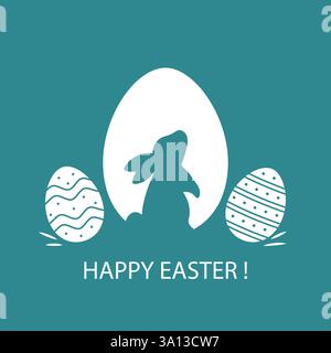 Buona Pasqua. Cartolina con silhouette coniglietto e uova decorate. Moderno stile minimalista. Illustrazione piatta vettoriale. Illustrazione Vettoriale