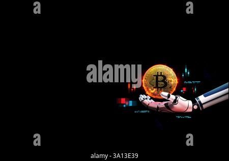 Una mano robotica tiene in mano una moneta Bitcoin brillante con grafici del mercato digitale, che simboleggiano l'intelligenza artificiale, il trading di criptovalute, la tecnologia blockchain Foto Stock