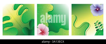 Striscioni, poster o copertine con foglie tropicali astratte e tipografia. Progettare modelli per branding, pubblicità ed eventi. Illustrazione Vettoriale