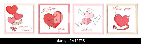 Set di carte disegnate a mano per San Valentino. Disegni di illustrazioni vettoriali con cuori rosso, bianco, giallo e rosa. Poster, scheda, opuscolo, Social Media Illustrazione Vettoriale