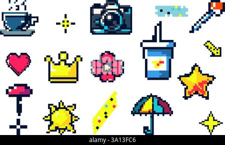 Raccolta di icone Pixel Art, tra cui Una fotocamera, una corona, una tazza, una stella e un fiore in Un'estetica retrospettiva a 8 bit Illustrazione Vettoriale