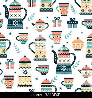 Colorato motivo vettoriale senza cuciture con teiere, tazze e confezioni regalo decorative in stile Folk Art con elementi floreali Illustrazione Vettoriale