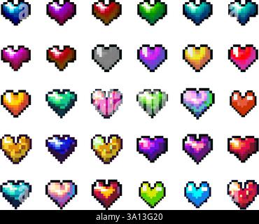 Collezione di coloratissimi cuori Pixel Art in varie tonalità e stili, realizzati in Un'estetica retro-gioco a 8 bit Illustrazione Vettoriale