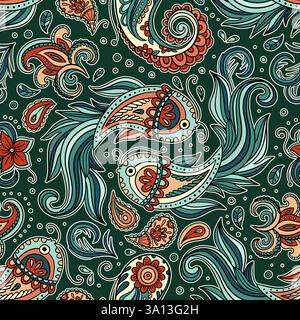 Fantasia Paisley senza cuciture con pesci Koi disegnati a mano, biglie ornamentali ed elementi floreali in Uno stile decorativo Illustrazione Vettoriale