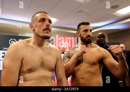 Maldron Hotel Brighton City Centre, 31 Cannon PL, Brighton and Hove, Brighton. Questa immagine raffigura Dan verso il giorno di pesatura per il Dan verso il Muzamiru Kakande come parte dell'undercard per il match di pugilato Harlem Eubank vs Tyrone McKenna di venerdì 7 marzo al Brighton Centre. . David Smith/Alamy 6 marzo 2025 Foto Stock